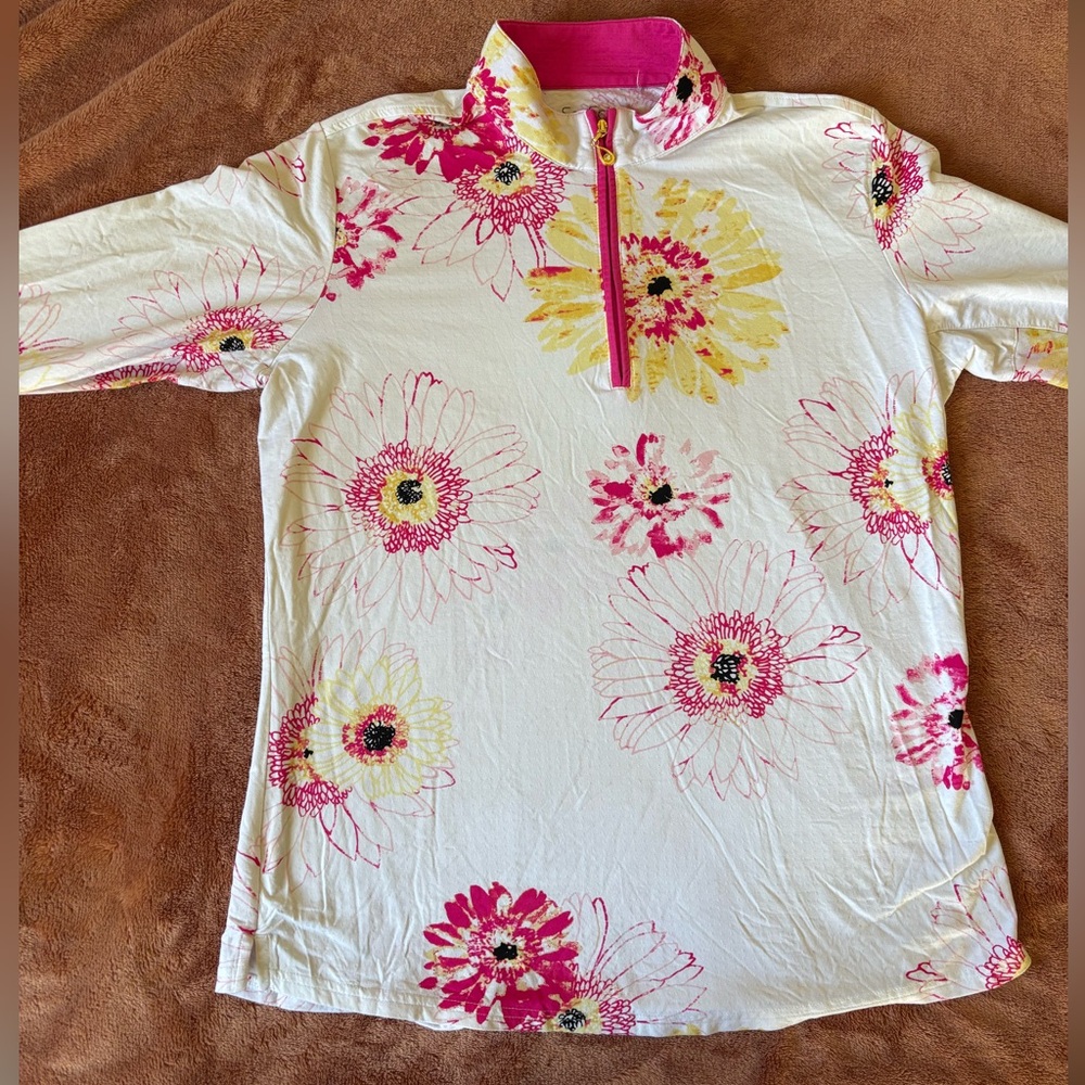 Sal Soleil Floral Quarter Zip Pullover Top Pink Yellow White - Picture 3 of 7